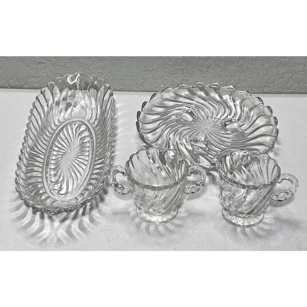 VTG Fostoria‎ Crystal Colony Swirl Pattern Pickle Tidbit Dish Creamer Sugar Lot